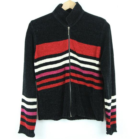 All Points Sweaters - VTG Y2K 90s Full Zip Mock Neck Chenille Sweater Jacket Cardigan M Black Stripe